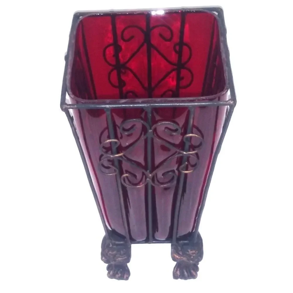 Vintage Vase Metal caged/imprisoned Bubbled RED Glass Footed Art glass vase EUC